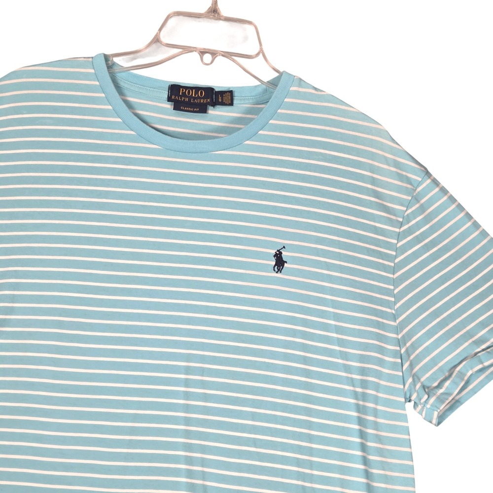 Polo Ralph Lauren Men Large Short Sleeve T-Shirt Blue White Striped Classic Pony